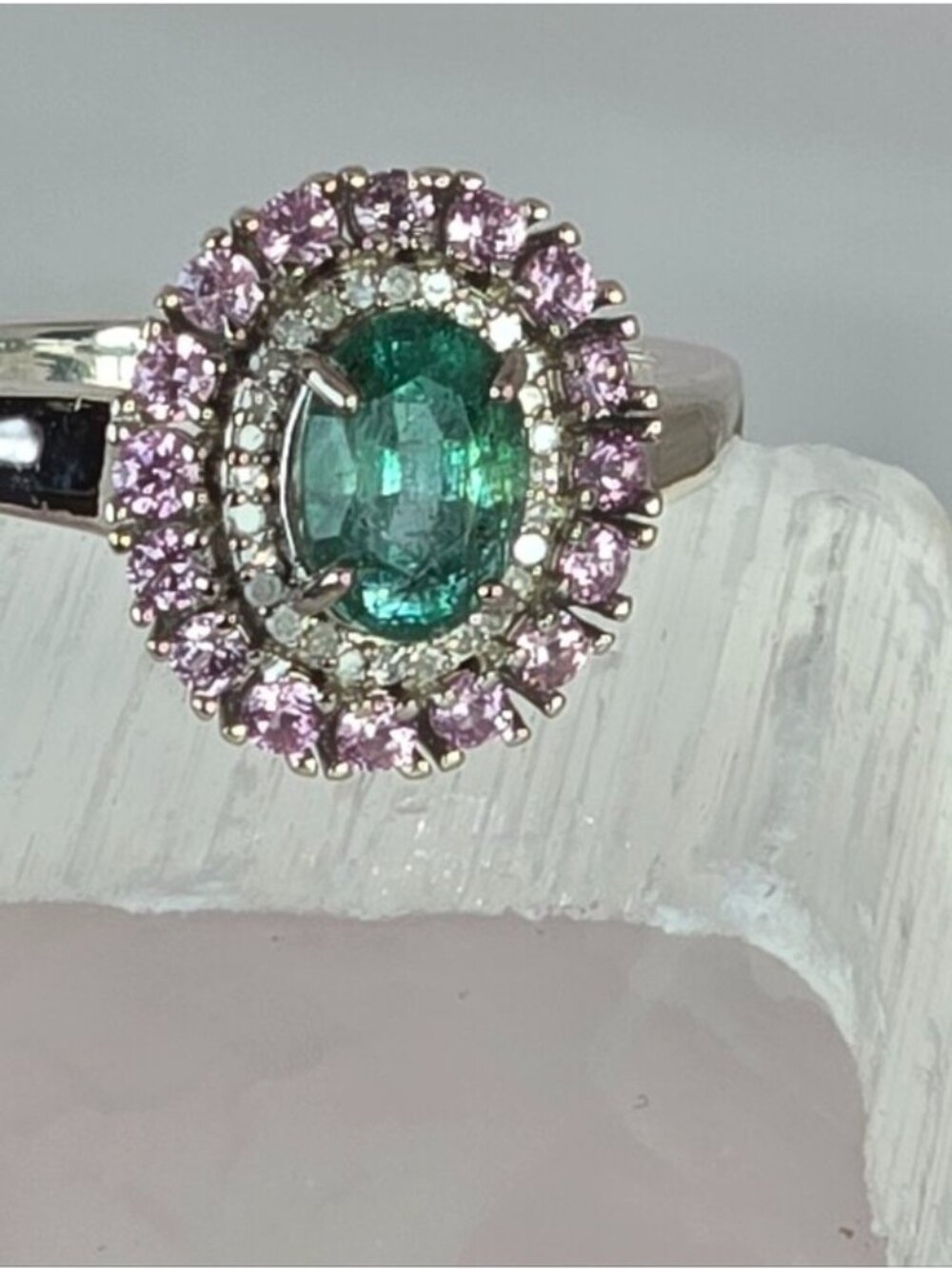 925 Sterling Silver Ring 6.5 with Natural Emerald, Sapphires & Diamonds